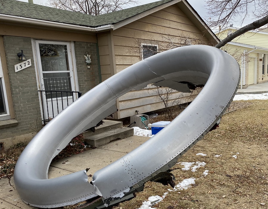 This part of the United 777 engine landed in a person's front yard. Image: Broomfield Police Department