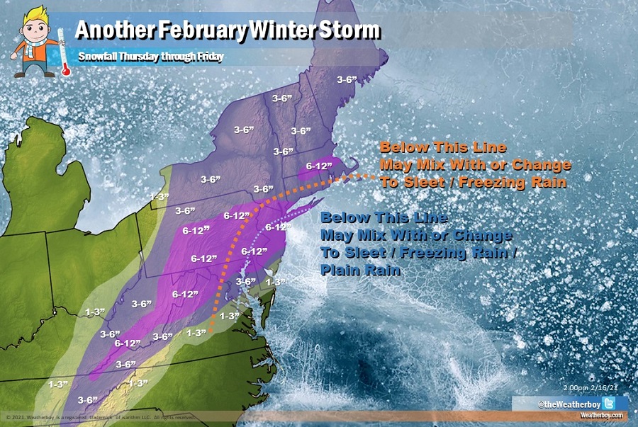 Another February storm is forecast to bring another round of significant snow to portions of the northeast. While 3-6" is possible in Washington, DC, 6" or more is possible for Philadelphia and New York. Like other recent storms, precipitation could mix with or change to sleet, freezing rain, or rain at times, especially in areas to the right of the dashed lines. Image: Weatherboy