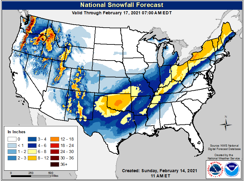 Heavy snow is expected to blanket a large part of the country over the next 72 hours. Image: NWS