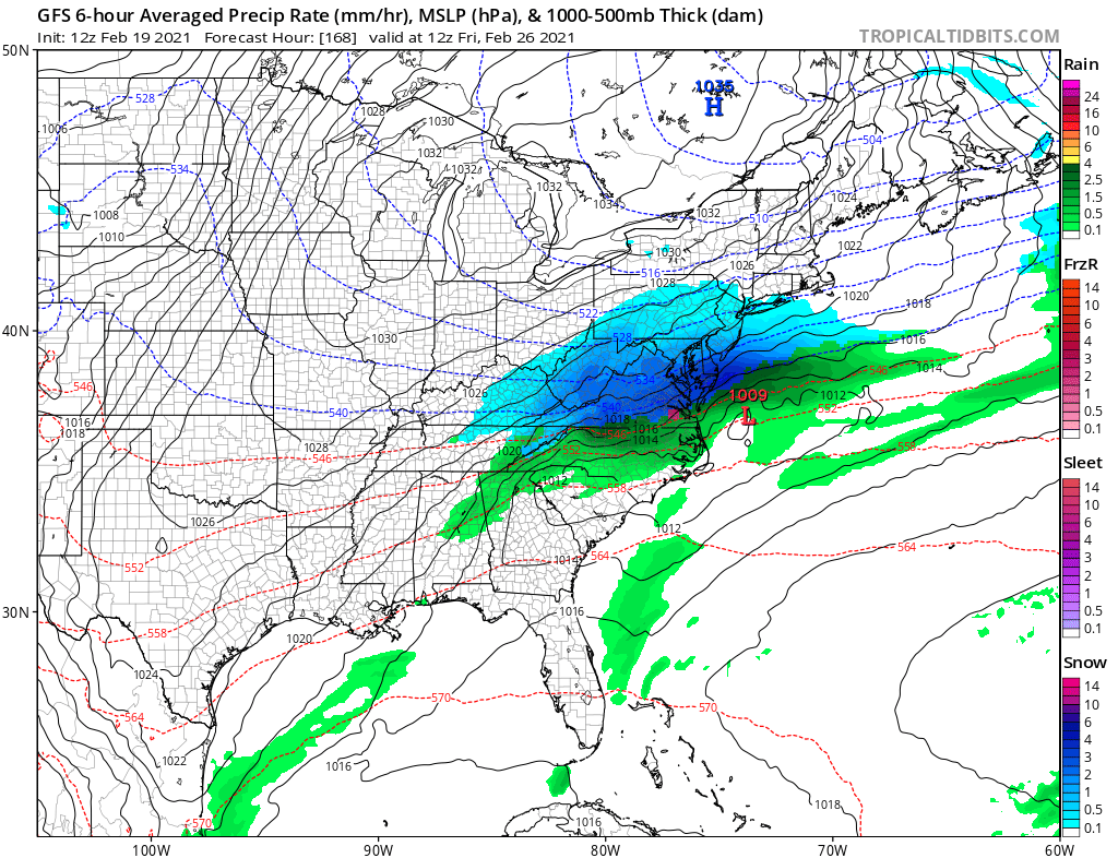 This afternoon's run of the American GFS computer forecast model suggests a winter storm will take shape in the eastern U.S. later next week. Image: tropicaltidbits.com