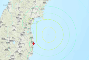 The red diamond illustrates the location of the Fukushima Daiichi nuclear disaster site; this map shows how close today's epicenter was to that disaster site. Image: USGS