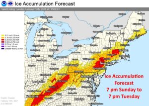 Ice accumulations could accumulate 1/2" or more in some of the Ice Storm Warning areas. Image: NWS