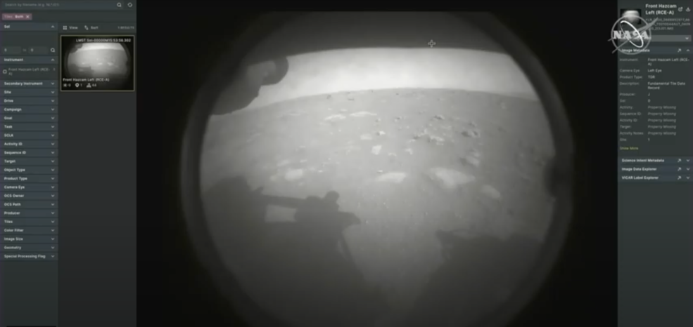 This screen capture shows the first image received from NASA's Mars Perseverance Rover following its successful landing on the Red Planet on Thursday, February, 18, 2021.  Image: NASA/JPL