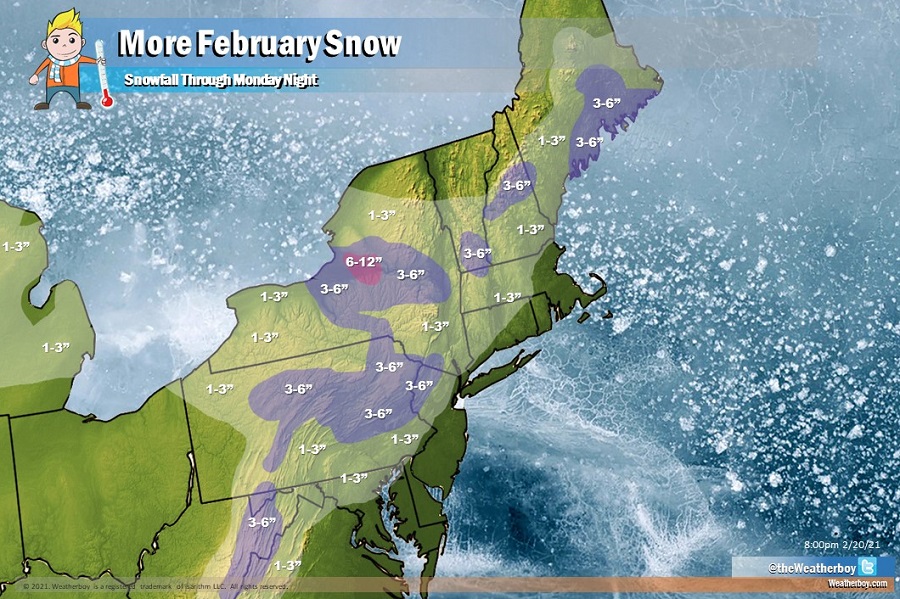 A widespread light to moderate snowfall is expected in the northeast on Monday. Image: Weatherboy