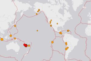 Dots reflect earthquakes in the last 24 hours around the world; the red dots east of Australia reflect the significant swarm striking near the Loyalty Islands today. Image: USGS