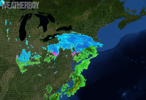 The current RADAR shows snow advancing into southern New England while some snow changes to rain over portions of southern New Jersey and Delaware. Image: weatherboy.com