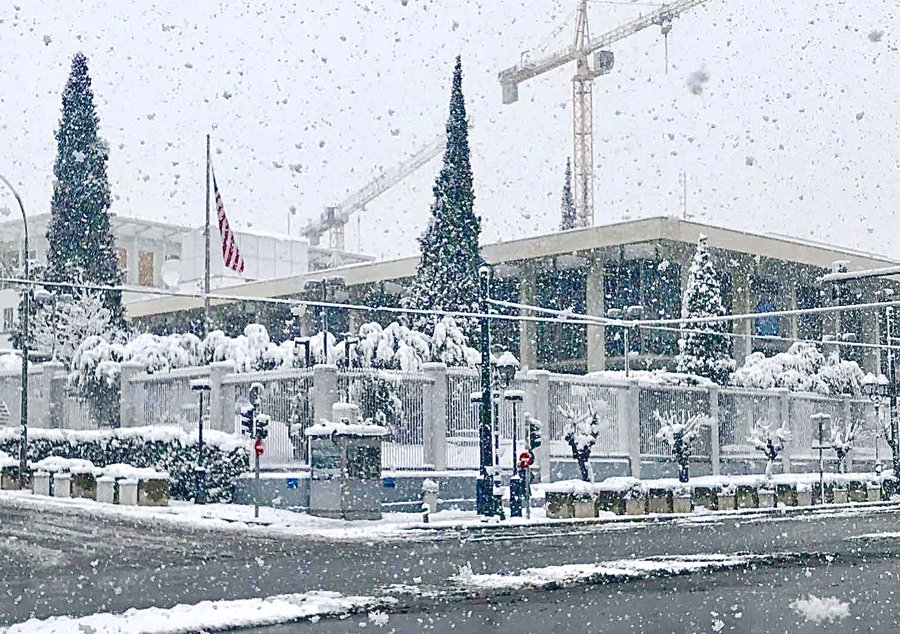 The U.S. Embassy is under a blanket of snow --the heaviest to fall in Athens since 1987. Image: U.S. Embassy / Greg Etter