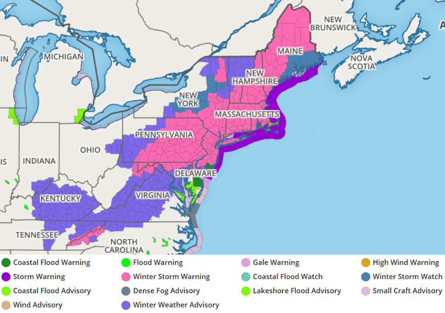 Winter Storm Warnings remain in effect in pink. Image: weatherboy.com