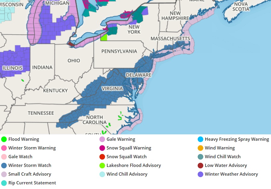 Winter Storm Watches have been issued by the National Weather Service in the areas in blue. Image: weatherboy.com
