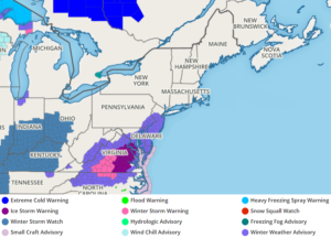 Winter Weather Advisories, Winter Storm Warnings, and Ice Storm Warnings have been issued for this weekend. Image: weatherboy.com