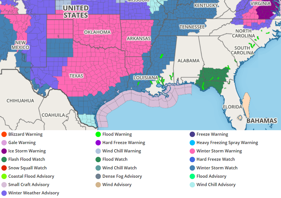 Winter Storm Warnings and Watches are up for portions of Texas and Louisiana where heavy snow and ice are likely. Image: weatherboy.com
