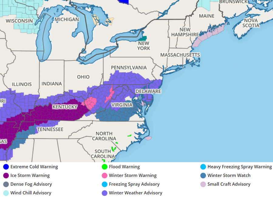 Winter Weather Advisories, Winter Storm Watches, and Winter Storm Warnings have been issued for portions of the Mid Atlantic. Image: weatherboy.com
