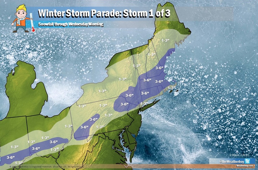 Up to 3-6" may fall from the first system tomorrow across portions of the northeast. Image: Weatherboy