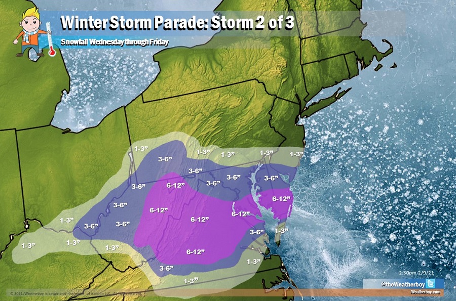 More snow on the way: the second of three systems to push through the east over a week's period will dump upwards of 6-9" of snow over Virginia and the DelMarVa Peninsula. Image: Weatherboy