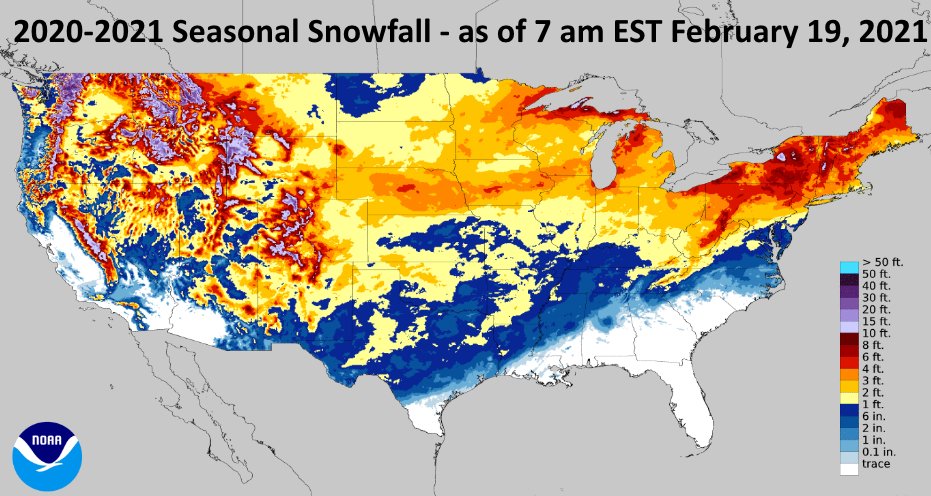 For many, it's been a long winter with a large part of the country seeing hefty snow accumulations already for the season. Image: NWS
