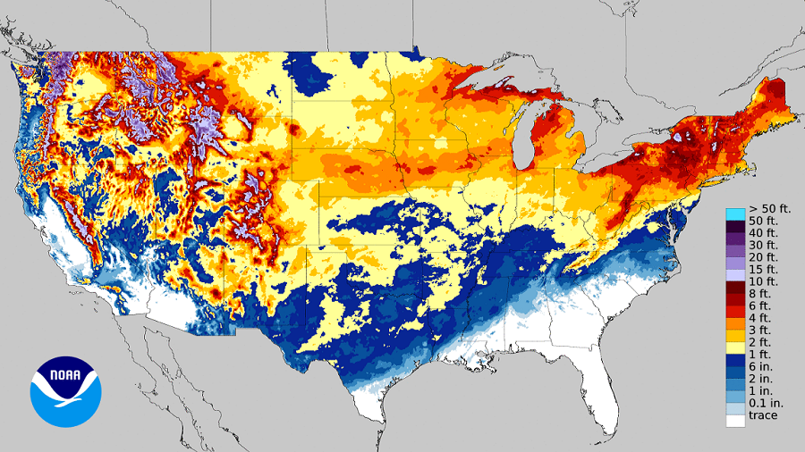 This map reflects seasonal snowfall through to February 24, 2021 across the continental United States. Image: NWS/NOAA