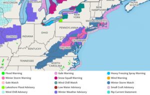 Winter Storm Warnings have replaced Winter Storm Watches in the areas in pink in Virginia, Delaware, Maryland, Pennsylvania, New Jersey, Rhode Island, and Massachusetts. Image: weatherboy.com