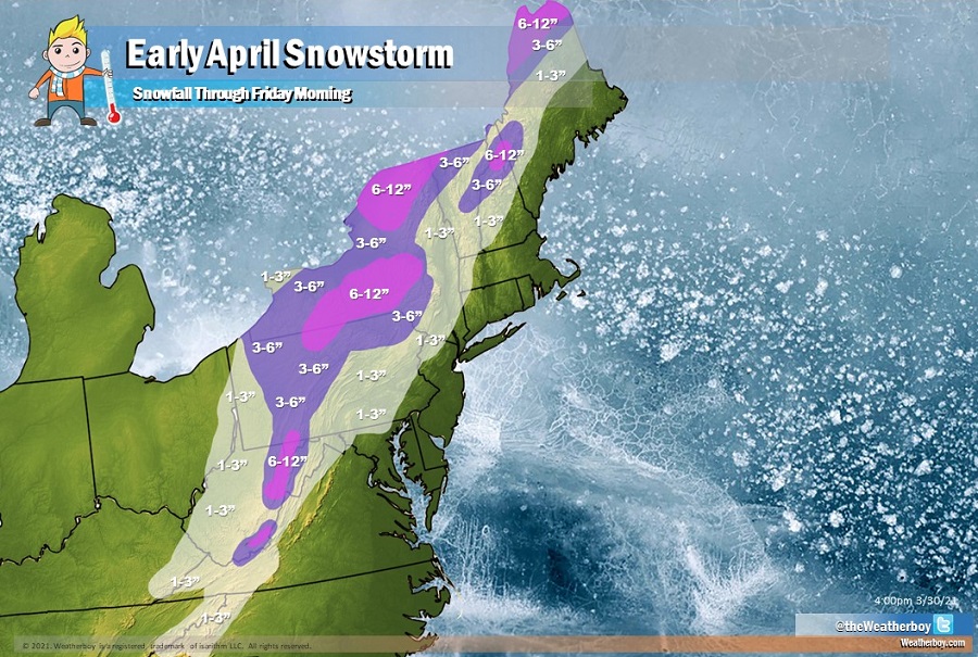 Snow is expected on April 1; some amounts could approach 6-12" in portions of New York and the highest terrain of New England and the Appalachian Mountains. Image: Weatherboy