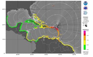 The second CaribeWave simulation earthquake will trigger a tsunami that'll radiate out from the Northern Greater Antilles. During a real tsunami, such a map would only be made available to officially designated Tsunami Warning Focal Points and National Tsunami Warning Centers. Image: NOAA