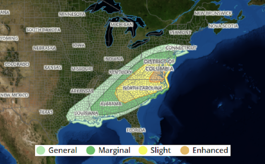Thunderstorms, some severe, are likely in portions of the Mid Atlantic tomorrow. Image: weatherboy.com