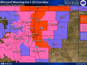 Blizzard Warnings continue for the Denver metro area.  Image: NWS