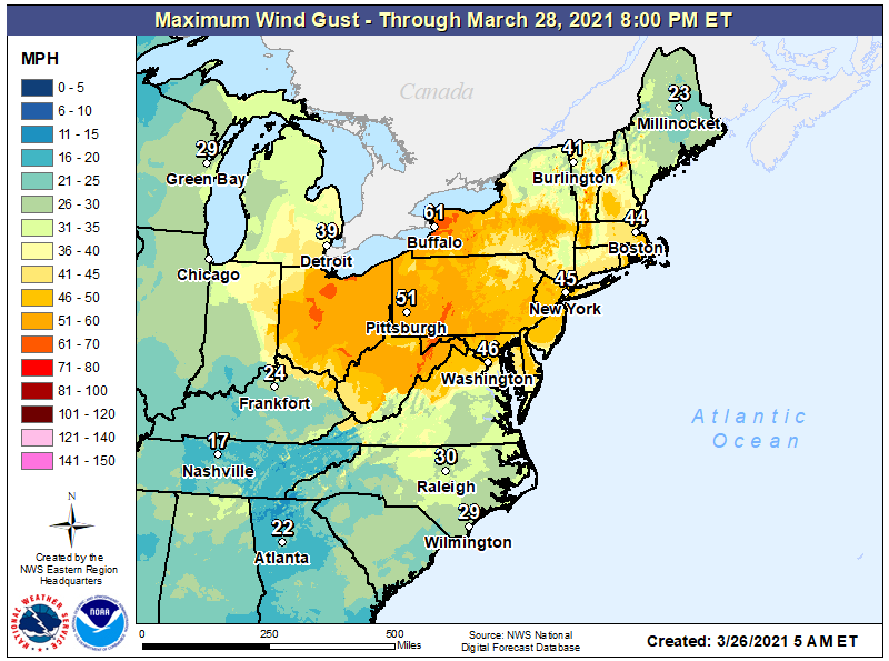 Wind gusts over 60 mph are possible today in the northeast.  Image: NWS