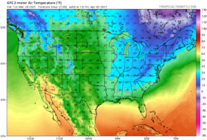 Simulated 2m temperatures for Friday morning, April 2, based on American GFS forecast data. Image: tropicaltidbits.com