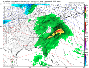 The afternoon run from the American GFS forecast model not only eliminates the snowstorm threat, but shows a soaking rainstorm around March 20 today. Image: tropicaltidbits.com