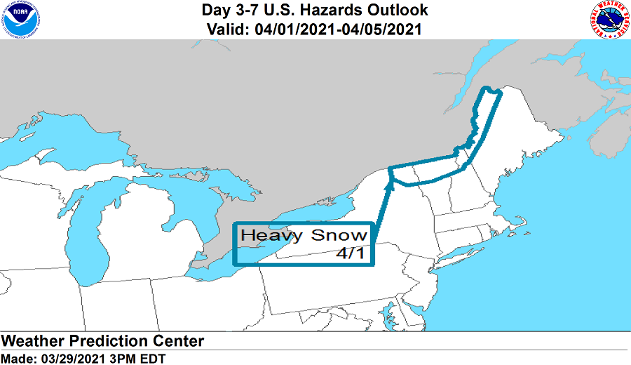 The area circled in blue is expected to see heavy snow on April 1. Image: NWS