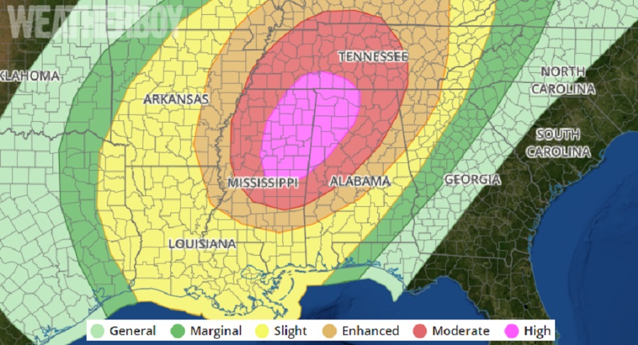 A "HIGH" risk of severe weather is likely today in the area shaded in hot pink. Image: weatherboy.com