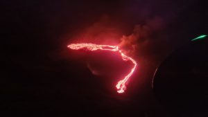 The first image of the new volcanic eruption, taken by a Coast Guard helicopter, shows lava flowing from a 200m fissure. Image: Icelandic Meteorological Office