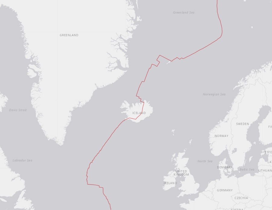 This map shows the North American Plate to the left and the Eurasian Plate to the right, with the red dividing line between the two traveling right through Iceland's middle. Image: USGS