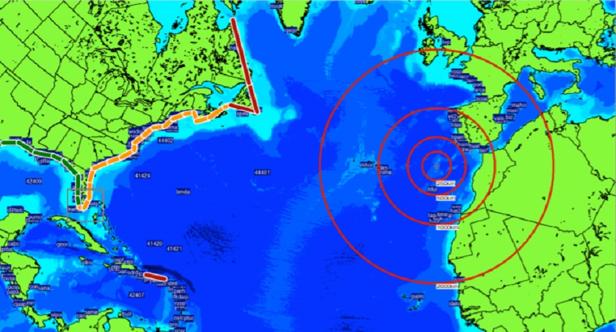 In the scheduled March 17 LANTEX '21 exercise, a powerful 8.8 earthquake will be simulated at 36.0 North, 15.0 West in the North Atlantic; it will send a tsunami towards the North America coast. Image: NOAA