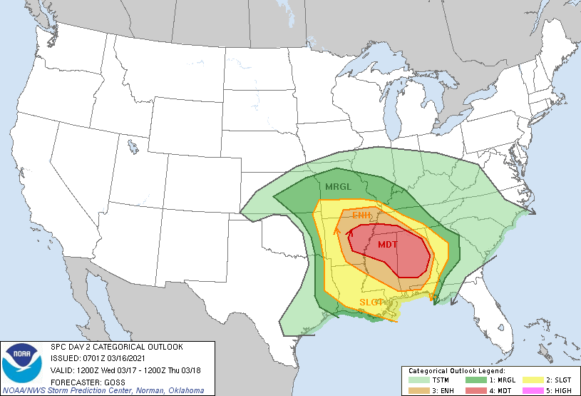 There is a moderate threat of severe weather across portions of the southeast tomorrow. Image: NWS