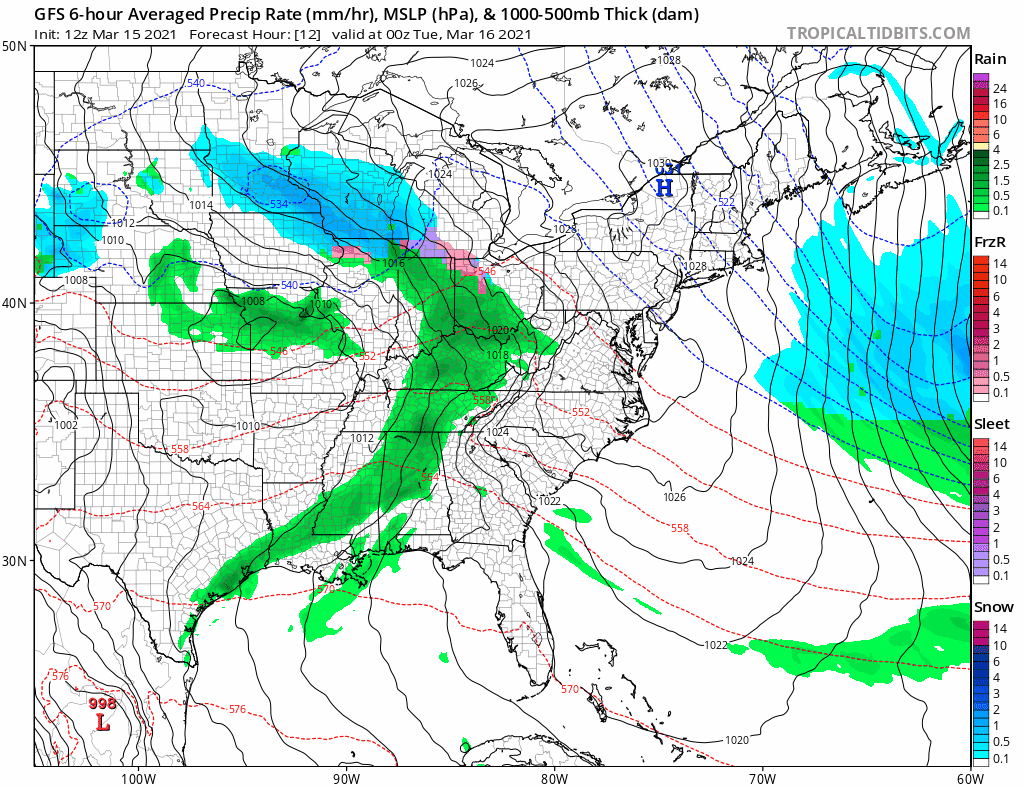This forecast loop based on American GFS forecast data shows some snow (blue) and sleet/freezing rain (pink) briefly moving through portions of the Mid Atlantic and New England Tuesday into Wednesday. Image: tropicaltidbits.com