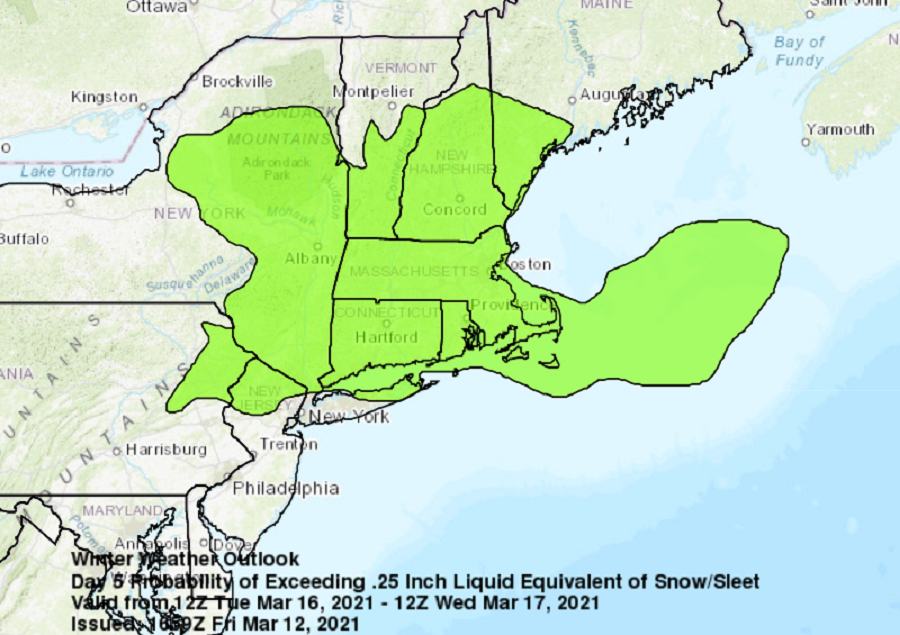 The shaded green area could see accumulating snow and/or sleet during the middle part of next week.  Image: NWS
