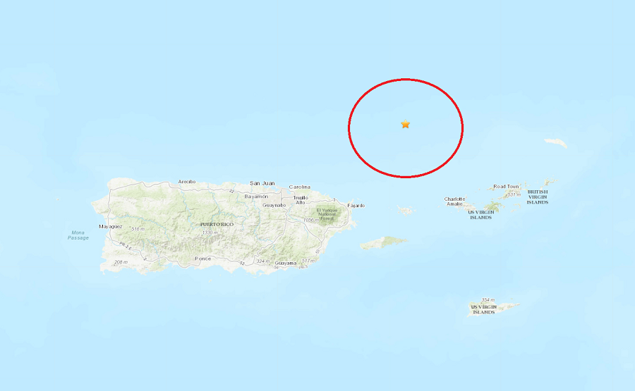 The earthquake struck early today northeast of Puerto Rico over open water. Image: USGS