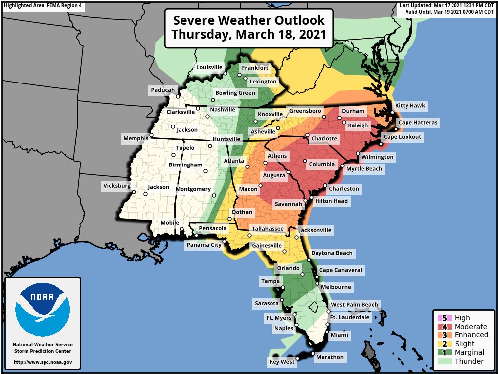 While thunderstorms are possible from New Jersey to Florida, the Carolinas and eastern Georgia are expected to see the most severe weather on Thursday. Image: NWS