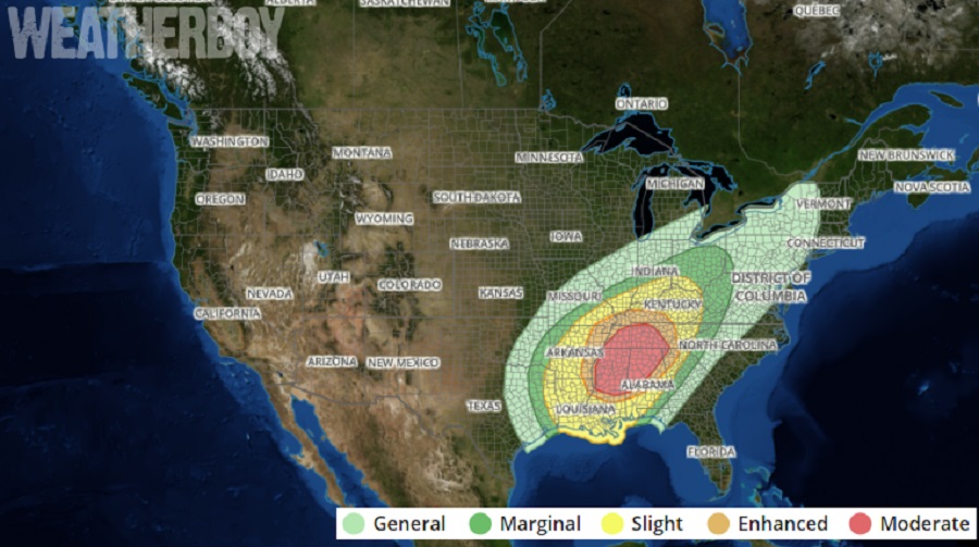 Severe storms are likely in the yellow, orange, and red areas, with the greatest threat within the red zone. Image: weatherboy.com
