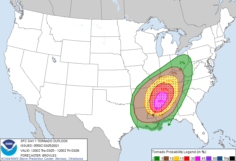 The odds of tornadoes are very high today, according to the NWS Storm Prediction Center.  Image: NWS