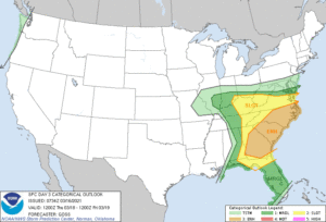 On Thursday, the threat of severe weather will shift east. Image: NWS