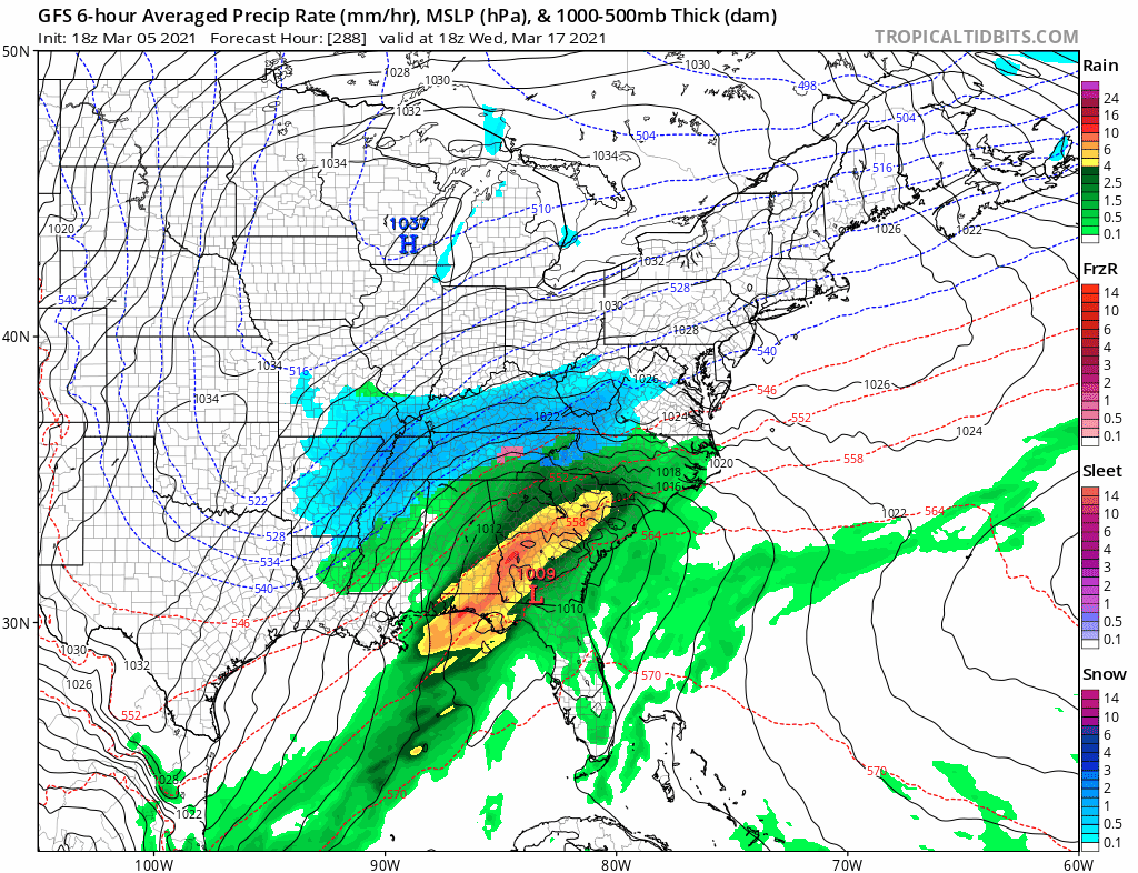 While the evening run of the American GFS forecast model suggested a blockbuster snowstorm for the east, it isn't very likely to come to fruition at this time. Image: tropicaltidbits.com