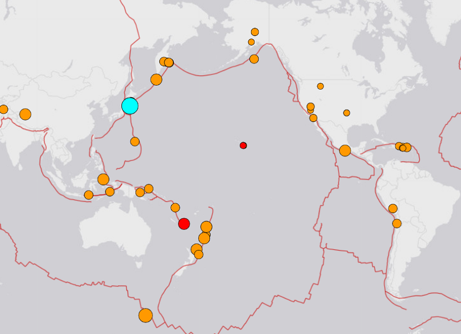 The Earth is shaking: these dots indicate all of the earthquakes in the last 24 hours, with the blue dot indicating where today's Japan earthquake struck. Image: USGS