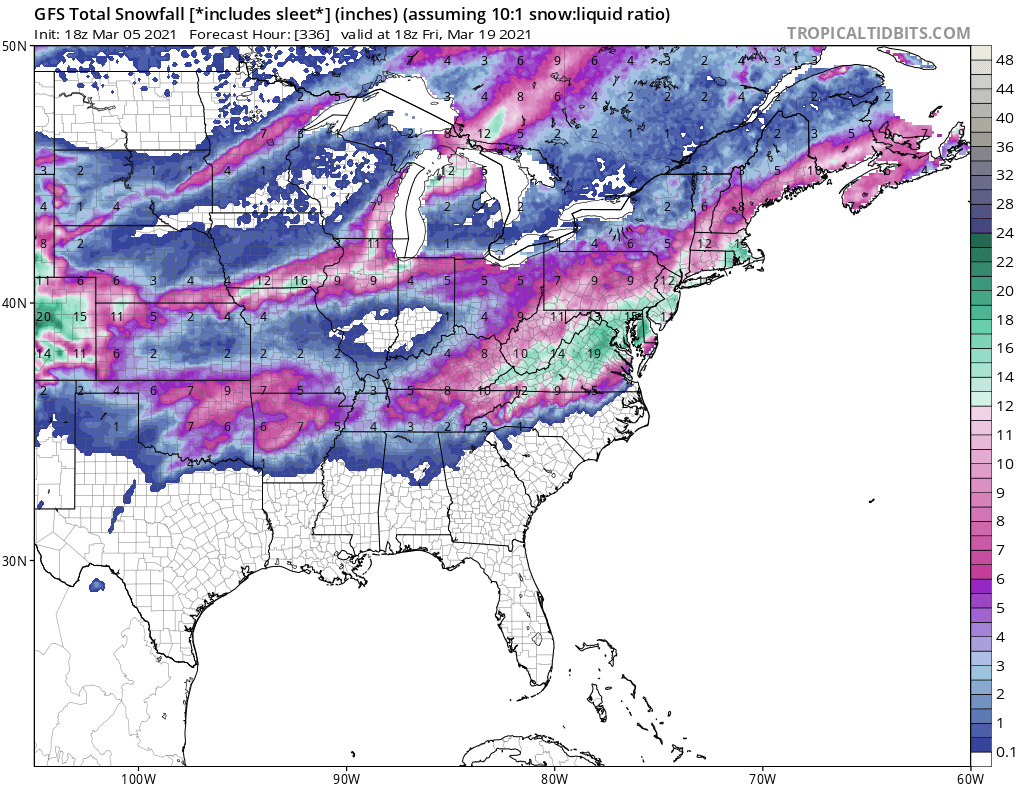 If the off run of the GFS model were to be correct, using a 10:1 snow to liquid ratio, more than a foot of snow would fall in the green area stretching from Virginia to Boston. Image: tropicaltidbits.com