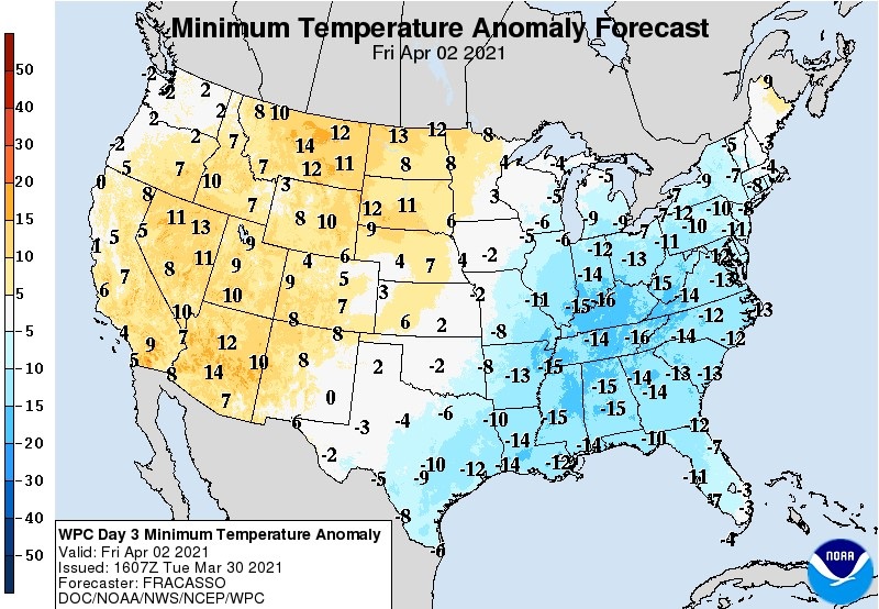 Map shows how much temperatures will drop from normal after the cold front moves through. Image: NWS