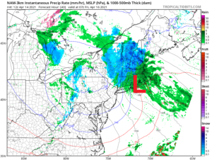 The latest American GFS computer forecast model shows an area of low pressure moving up the northeast, dropping snow as it does so. Image: tropicaltidbits.com