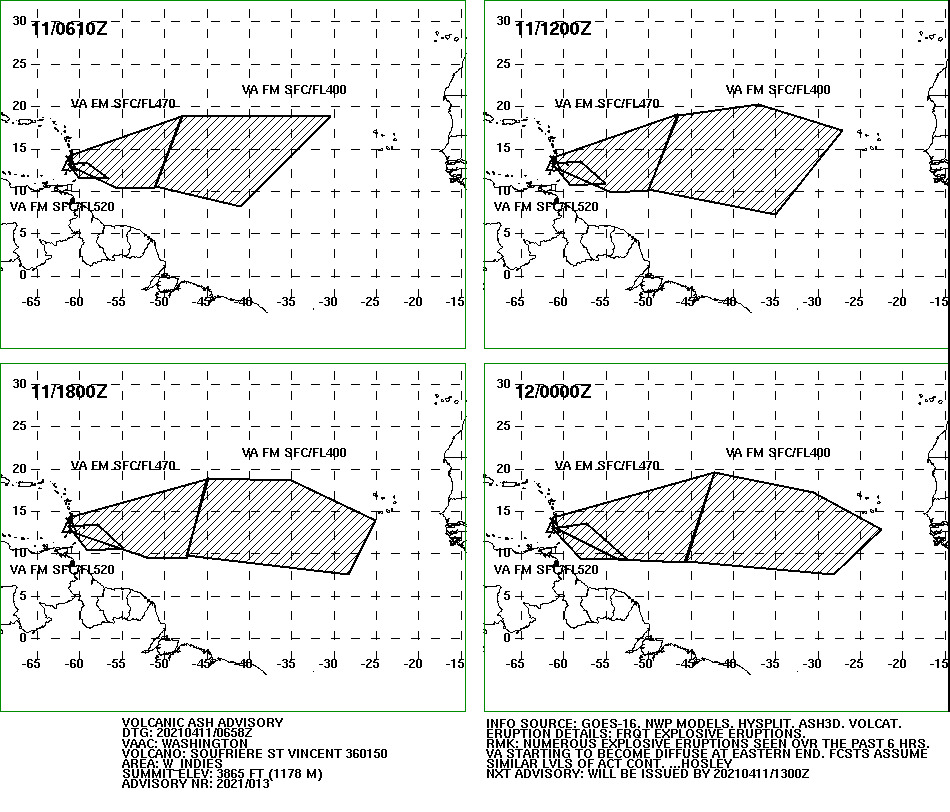 Current ash advisories issued for aviation interests around the erupting volcano. Image: NOAA