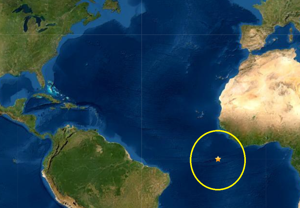 The strong earthquake was located near the Equator in the Atlantic Ocean. Image: USGS