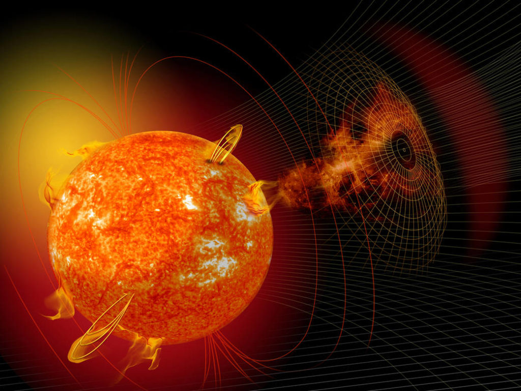 Artist's depiction of an active sun that has released a coronal mass ejection or CME. CMEs are magnetically generated solar phenomenon that can send billions of tons of solar particles, or plasma, into space that can reach Earth one to three days later and affect electronic systems in satellites and on the ground. Credit: NASA
