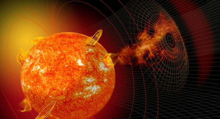 Artist's depiction of an active sun that has released a coronal mass ejection or CME. CMEs are magnetically generated solar phenomenon that can send billions of tons of solar particles, or plasma, into space that can reach Earth one to three days later and affect electronic systems in satellites and on the ground. Credit: NASA